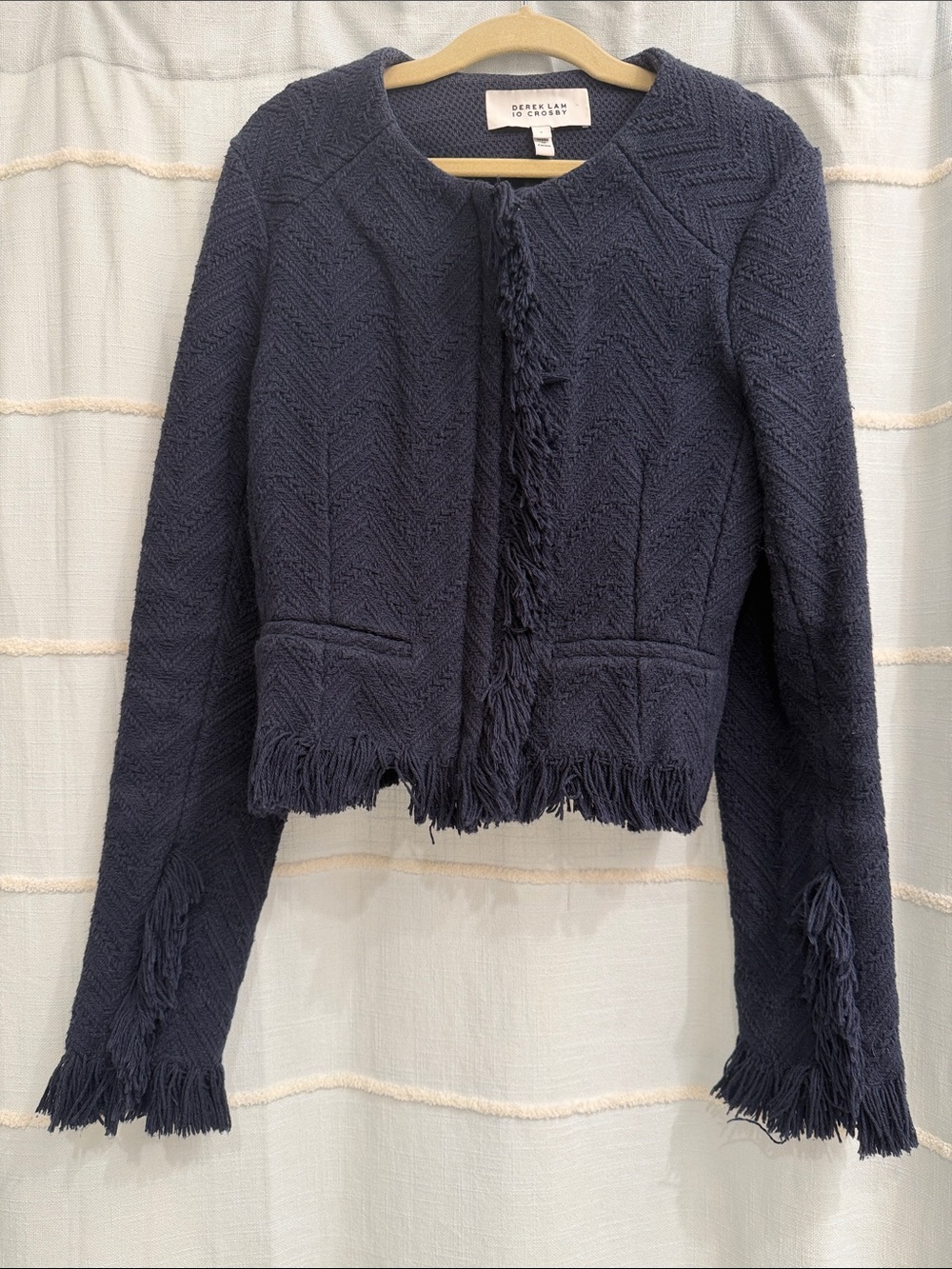 10 Crosby Derek Lam Navy Fringed Chevron Knit Jacket